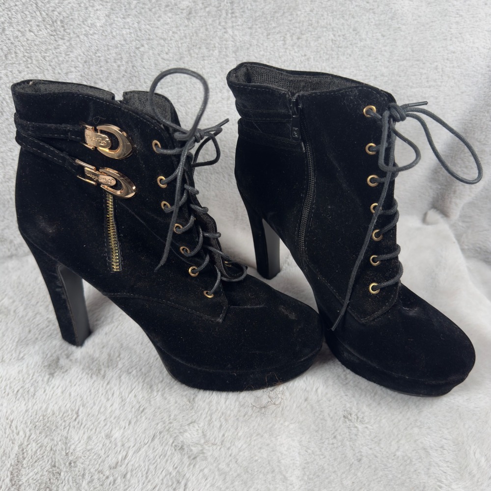 Black Velvet Platform Ankle Boots‎ Lace Up Buckle Side Zip Block Heel Size 40